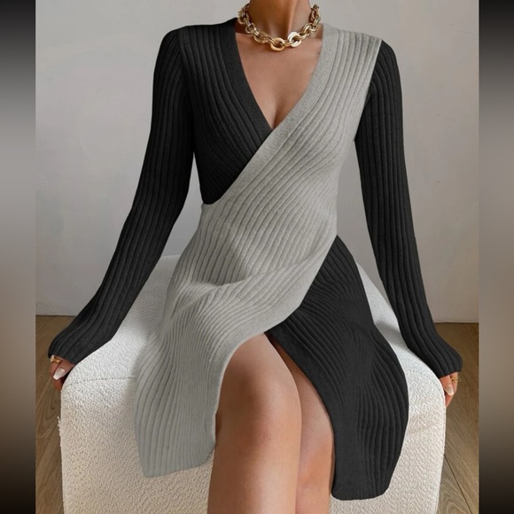 Dresses & Skirts - Classic Two Tone Ribbed Knit Crossover Sweater Dress